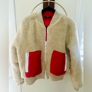 Cream Sherpa Bomber Reversible Jacket with Red Pocket Accents
